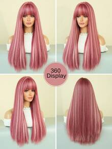 7JHH WIGS 26 Inch Long Straight Pink Wig For Women Mix White Highlight, Gorgeous Fluffy Synthetic Wig With Bangs, Natural Looking Very Soft Synthetic Heat Resistant Fiber Hair, Beautiful Full Machine Hair Wig For Girls Daily,Anime Or Costume Cosplay Decoration ,Music Festival Party Street Wear Use - 挑染粉色 - 查看 5