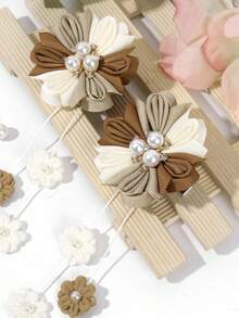 2 piezas Pinzas para el cabello con flor marrón, pinzas para el cabello con flor de unicolor y borla con decoración de perla falsa, adecuadas para uso diario y adolescentes - Multicolor - Ver 3