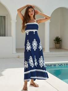 Women's Long Cami Dress Retro Print Sleeveless Spaghetti Strap Flowy A Line Dress With Pockets - Blue - View 2