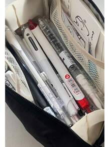 Pencil Case, Solid Color Pencil Box Black/Blue, Multi-Layer Stationery Bag, Student Stationery Storage Bag,Back To School,School Supplies,Pencil Pouch,School Bag