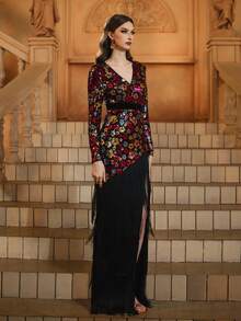 Multicolor Sequin V-Neck Fringe Sleeves Prom Dress - Black - View 6