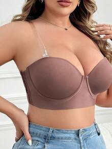 Plus Size Women Fashion Underwire Side Buckle Comfortable Lingerie Set - Brown - View 4