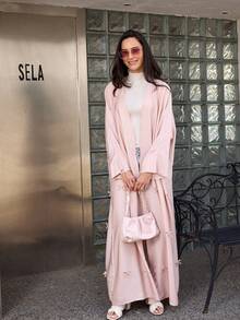 1pc Plain Elegant Casual Detailed Butterfly Tie-Up Abaya, Arab Dubai Fashion Saudi Long Robe Shawl, Suitable For Daily Wear And Gatherings, Modest Kaftan - Baby Pink - View 8