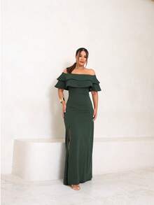 Long Off-The-Shoulder Mermaid Dress With Slit For Wedding Bridesmaid Bride Graduation And General Event - Army Green - View 3