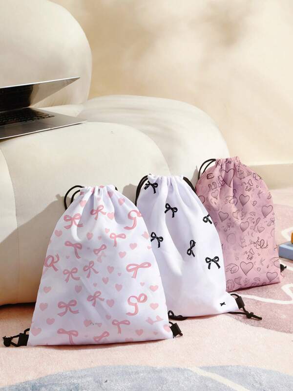 1pc Drawstring Backpack With Pink Bow, Heart, Black Bow Pattern, Lightweight Gym Bag For Sport, Fitness, Travel, Swimming, Beach For Boy, Girl, Girls, Boys