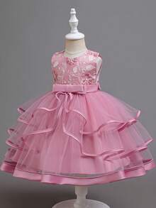 Mädchen flauschiges Kuchen-Prinzessin Kleid, Blumen-Muster Geburtstags-Party Hochzeits Abschluss Festliches Kleid - Altrosa - Übersicht 2