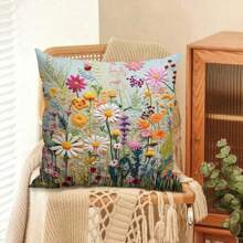2D Flat Print Floral Throw Pillow Cover 1pc - Digital Print Flower & Leaf Design, 45x45cm Square Zippered Cushion Case - Machine Washable Woven Polyester For Sofa, Bedroom & Living Room Decor (Insert Not Included)