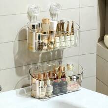 1pc Large Capacity Transparent Suction Cup Storage Rack, Oval Plastic Bathroom Organizer Shelf, Multi-Function Shower Gel Hanging Basket, Suitable For Cosmetics, Kitchen, Living Room Storage