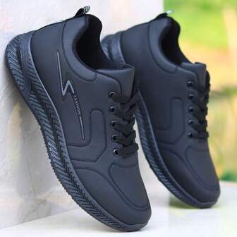 Men's Leather Casual Shoes, Non-Slip Sporty Sneakers, Lightweight Soft Sole Comfortable Black Work Shoes