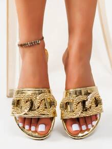 Women Flat Slide Sandals, Open Toe Gold Chain Design, Fashion Slippers For Summer Beach