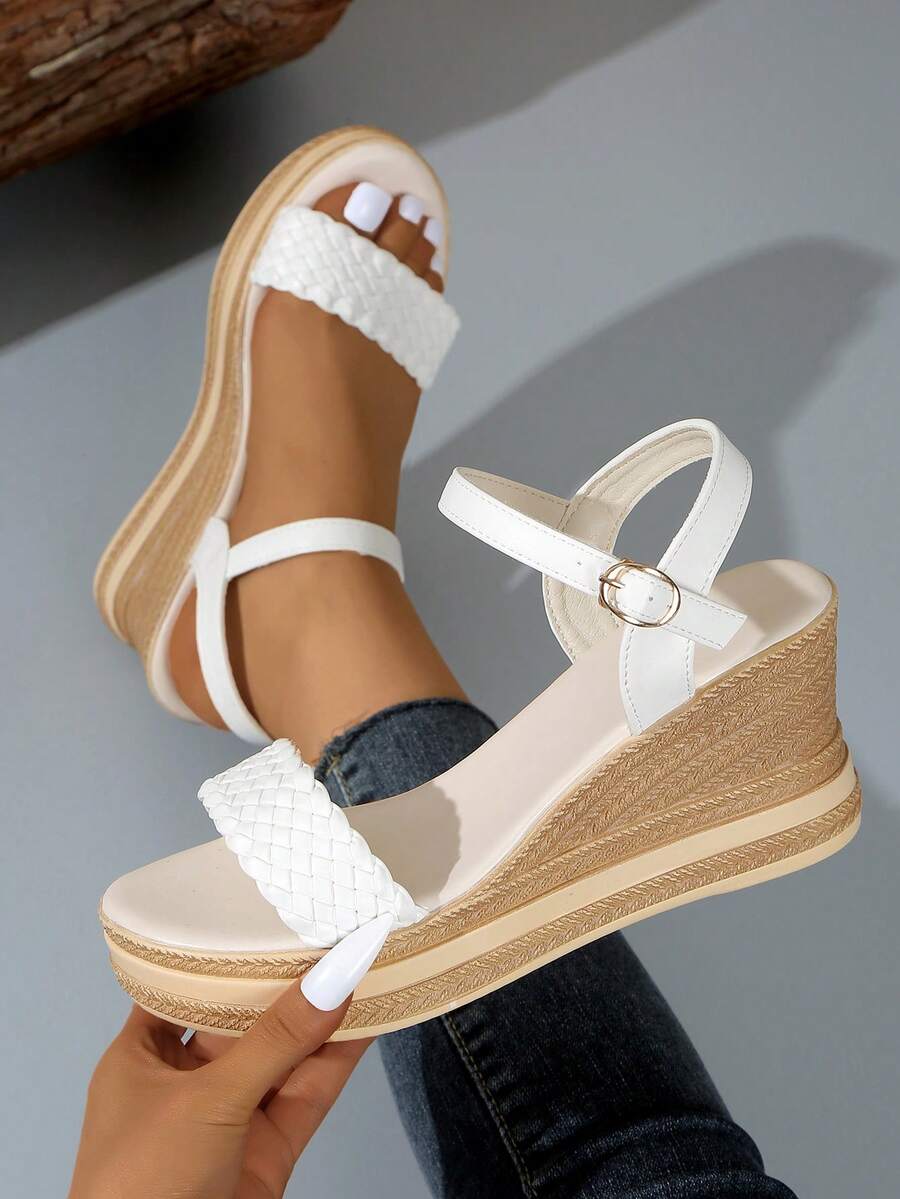 Sandalias de plataforma tejidas para mujer, zapatos de playa casuales de punta abierta con suela gruesa, sandalias cómodas con correa de hebilla, sandalias de verano - Blanco - Ver 1