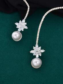 1件优雅仿珍珠和水钻装饰银项链，新娘婚礼颈链首饰