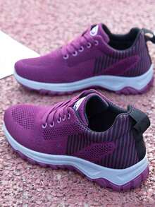 Zapatillas de deporte de malla transpirable de colores sólidos para mujer, cómodas zapatillas de deporte antideslizantes de puntera redonda con cordones, ligeras y amortiguadoras, zapatillas de deporte para pareja, zapatillas de deporte de mujer para fitness, correr y para el día a día. - Morado - Ver 3