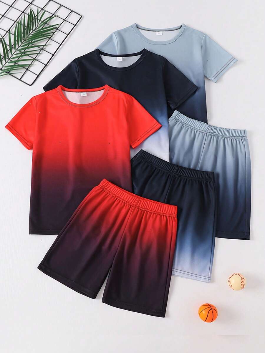 6pcs Set Gradient Mesh Crew Neck Short Sleeve T-Shirt And Gradient Shorts, Sports Casual For Soccer, Tennis, Badminton, Students, Athletics, Ages 7-11 - Multicolor - View 1