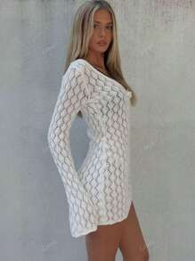 Vestido de suéter corto de punto sólido con cuello en V, mangas largas y hombros huecos para mujer talla grande, vestido playero transparente con nudo, botón de ganchillo y Bikini sexy, primavera, verano, otoño