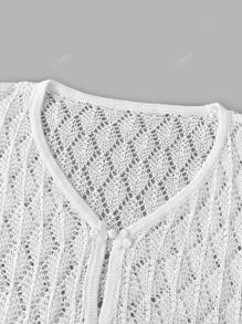 Vestido de suéter corto de punto sólido con cuello en V, mangas largas y hombros huecos para mujer talla grande, vestido playero transparente con nudo, botón de ganchillo y Bikini sexy, primavera, verano, otoño