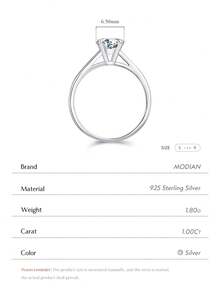 MODIAN 1 Carat D Color Round High Quality Moissanite Ring, 925 Sterling Silver, Romantic Wedding Engagement Ring Jewelry - Silver - View 4