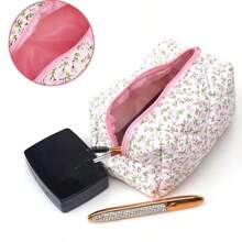 1 Pc Flower Printed Zipper Makeup Bag Storage Organizer Makeup Accessory Toiletry Handbag Cosmetic Pouch Large Travel Cosmetic Bag
