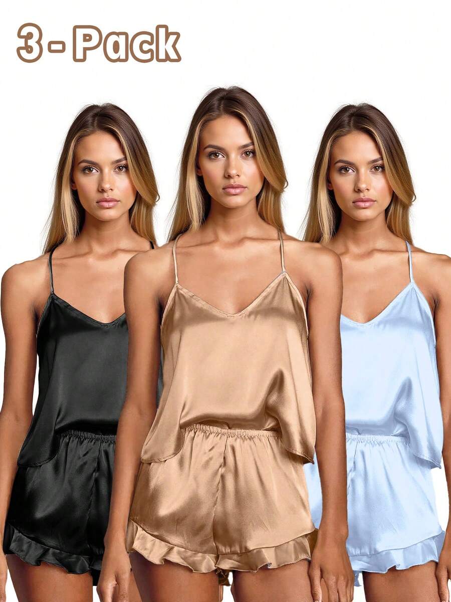 Sharicca 3-Pack Women's Summer Pajama Set - Silky Satin Cami & Shorts, Lightweight & Breathable Sleepwear, Sexy Homewear - SET - 查看 1