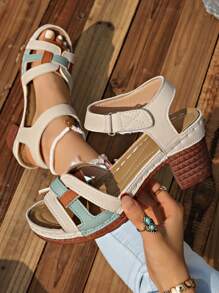 Women's Fashion High Heel Sandals, Color Block Patchwork Upper, Stylish & Elegant Holiday Vibes, Massage Insole, Adjustable Strap, Non-Slip Chunky Heel High Heel Sandals