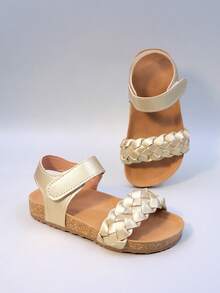 2025 Summer Fashion Girls' Roman Braided Sandals, Strap Design, Breathable, Foot Protection, Anti-Slip Lightweight Cork Sole (Sole Color Random) - Gold - View 3
