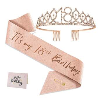 女孩 18 岁生日装饰，包括 18 岁生日饰带、皇冠/头饰、女孩 18 岁生日礼物、18 岁生日派对装饰、女孩 18 岁生日装饰