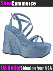 Women's Denim Platform Sandals Strappy Open Toe Ankle Strap Wedge Heeled Sandals High Heels Comfort Casual Summer Beach Vacation Shoes - Màu xanh lam - Xem 1