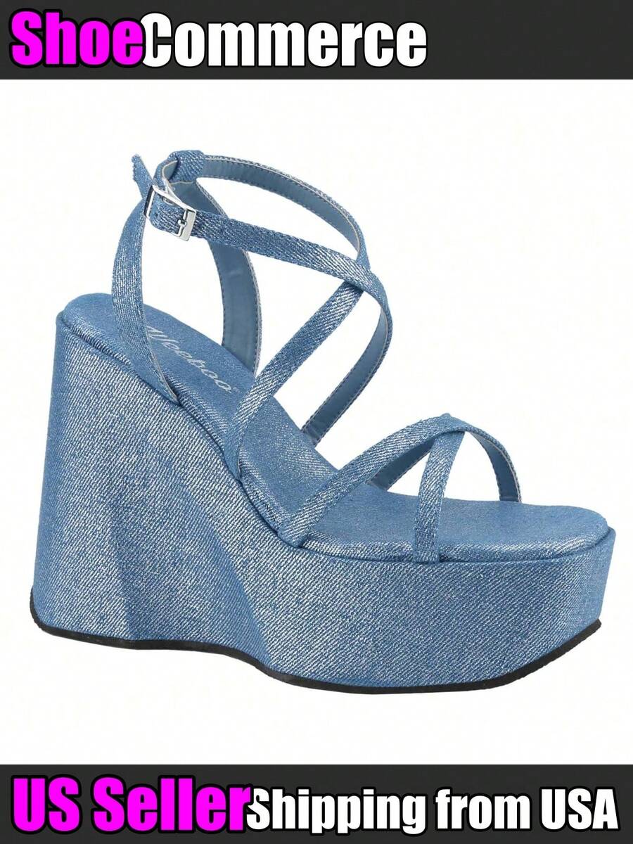 Women's Denim Platform Sandals Strappy Open Toe Ankle Strap Wedge Heeled Sandals High Heels Comfort Casual Summer Beach Vacation Shoes - Màu xanh lam - Xem 1