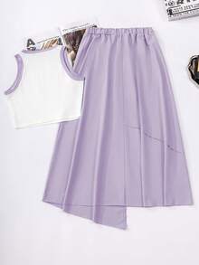 UREREM 2pcs Women's Contrast Ribbed Casual Minimalist Camisole And Asymmetric Drawstring Waist Maxi Skirt Set, Knit Fabric 120G - Purple - View 2