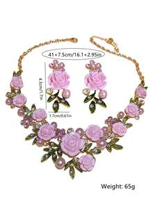 Conjunto de collar y aretes de flores y hojas de acrilico color rosa y morado con cristales y perlas, cadena delicada para la clavícula para fiestas, bodas y festivales - flores - Ver 11