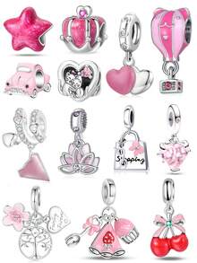 1 Pc Fashion Cute Pink Star & Crown & Love & Hot Air Balloon & Cherry & Lotus & Flower & Cat Beaded Bracelet Pendant Accessories, Suitable For Bracelet Necklace Diy Jewelry Mother's Day Valentine's Day Often Jewelry Gifts - Silver - View 1
