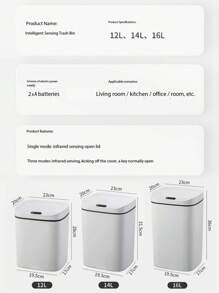 1pc 12L/14L/16L Smart Sensor Trash Can, Automatic Lid Garbage Bin, Infrared Sensor Opening, Waterproof & Odor-Proof Plastic Storage Box, Powered By 2 AA Batteries (Not Included), Suitable For Kitchen, Office, Living Room, Bathroom, Bedroom Home Bathroom Decor Bathroom Organizer Fall Decor Back To School