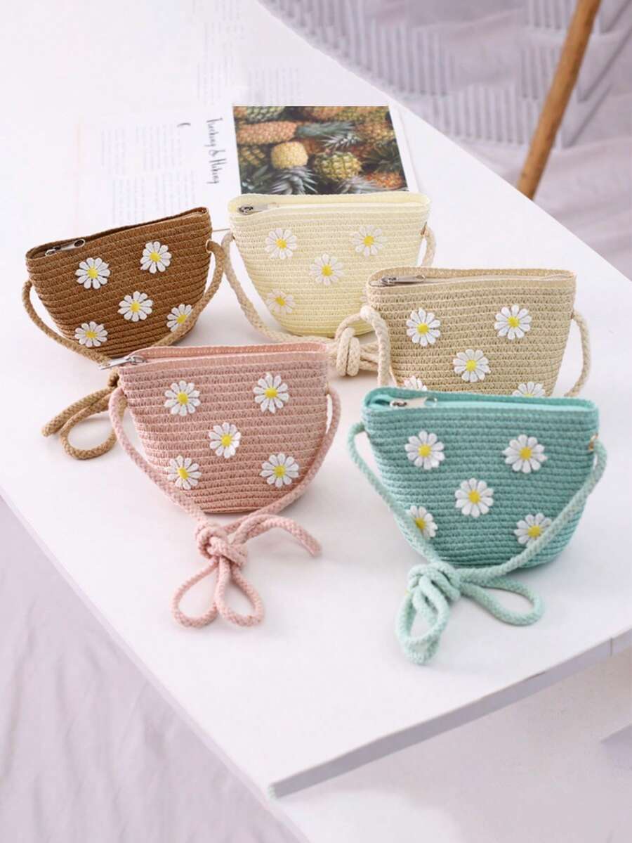 [迷你尺寸] 1 件女孩夏季花卉编织斜挎包，适合日常和度假使用