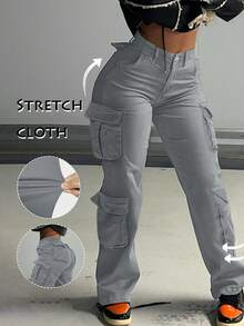 Cargo Women Pants Stretch Multi-Pocket Casual Y2K Style Black Baggy Pants - Màu Xám nhạt - Xem 1