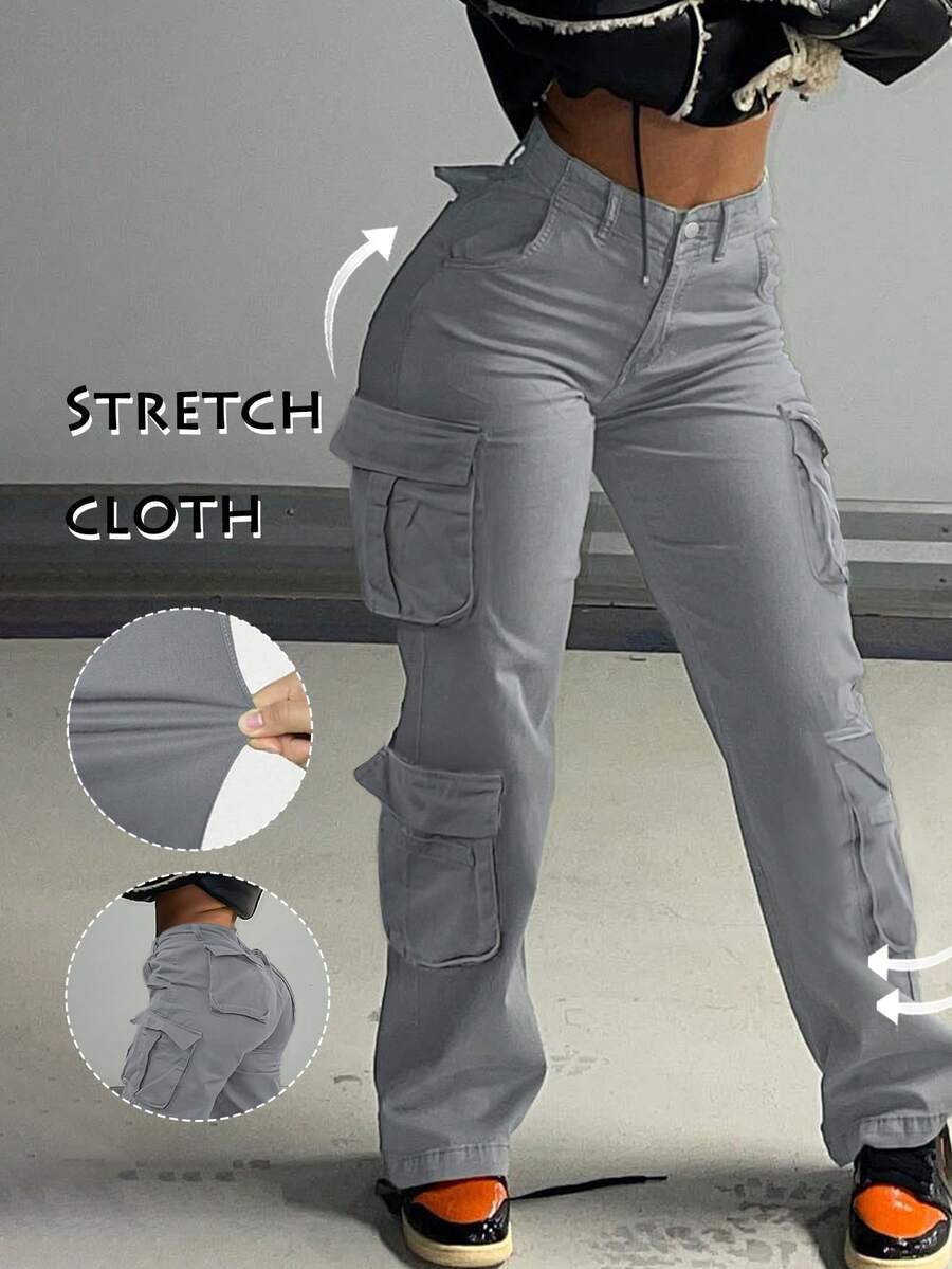 Cargo Women Pants Stretch Multi-Pocket Casual Y2K Style Black Baggy Pants - Màu Xám nhạt - Xem 1