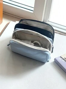 Pencil Case, Solid Color Pencil Box Black/Blue, Multi-Layer Stationery Bag, Student Stationery Storage Bag,Back To School,School Supplies,Pencil Pouch,School Bag