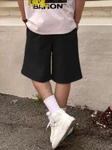 2 piezas Pantalones cortos tipo bermuda para niños preadolescentes, de un solo color, informal, para calle y uso diario, de estilo sencillo