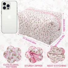 1 Pc Flower Printed Zipper Makeup Bag Storage Organizer Makeup Accessory Toiletry Handbag Cosmetic Pouch Large Travel Cosmetic Bag