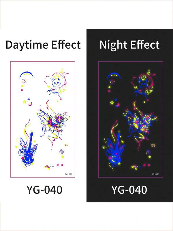 1pc Fluorescent Butterfly & Music Note Temporary Tattoos, Waterproof & Sweatproof, Suitable For Concerts, Parties, Festivals And Other Occasions