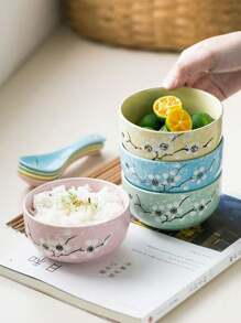 1pc Hand-Painted Ceramic Salad Bowl, Creative Home Dining Rice/Soup Bowl With Underglaze Decoration,School Supplies