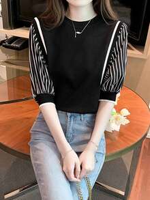 夏季撞色条纹宽松休闲街头风针织上衣 黑色 - 黑色 - 查看 4