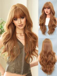 7JHH WIGS 28 Inch Ginger Brown Wig, Luxurious Long Wavy Curly Hair With Bangs, Fluffy And Natural, Made Of Very Soft Heat-Resistant Synthetic Fiber, Fully Machine Curled, Suitable For Girls' Daily Wear, Music Festival Parties, Street Outfits, Anime Cosplay Or Costume Styling. - 黃色 - 查看 3