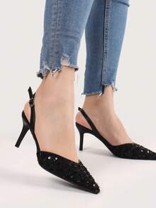PU And Fabric, Open Heel At The Back, 8CM Heels. Beautiful And Comfortable - Black - View 2