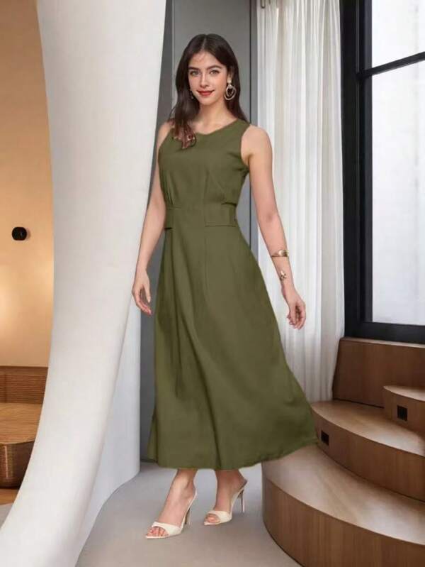 Vestido Midi de Linho com Alças Largas e Fenda Sofisticada