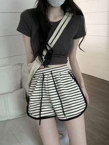 Blanco y negro a rayas pantalones cortos deportivos mujeres verano suelta picante cintura alta delgada A-line pierna ancha pantalones calientes - Albaricoque - Ver 5