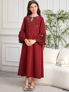 Tween Girls' Fashionable Beaded Embroidery Floral Loose Long Sleeve Robe, Gown - Burgundy - View 1