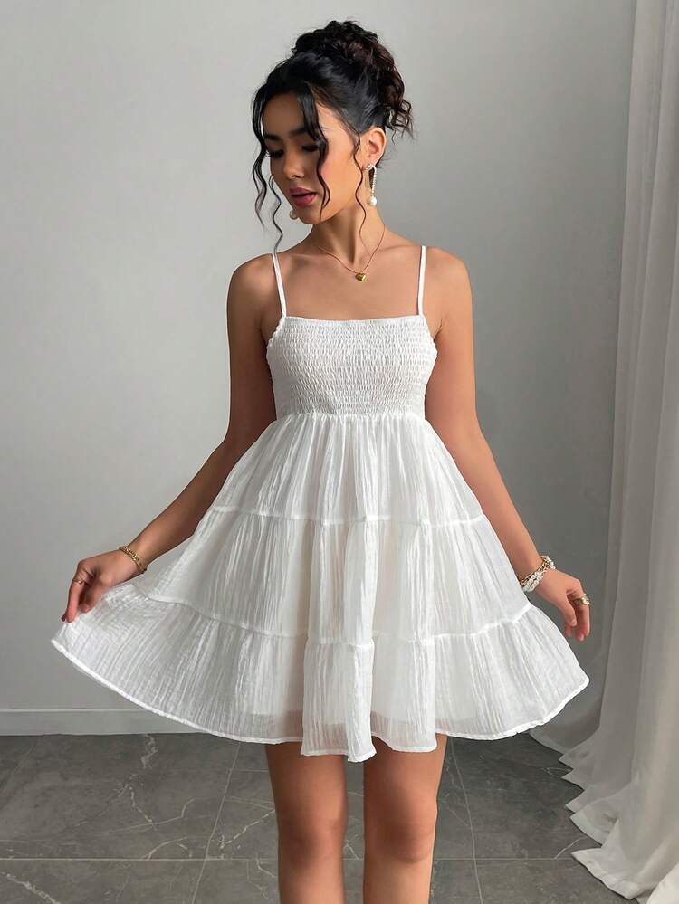 Vestido elegante de unicolor con tirantes finos para mujer, blanco, para fiesta de verano - Blanco - Añade 3