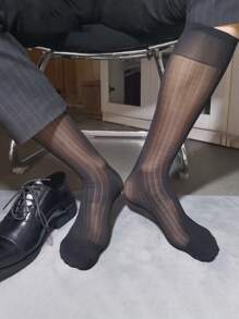 1pair Comfortable Lightweight Men's Wide Striped Dress Socks,Imitation Silky And Excellent Elasticity Design,Colorful Red/Blue/White/Black/Green Striped Business Suit Socks,Breathable Gentleman's Crew Mid Length Socks, Fall