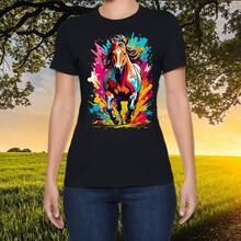 Playera negra de algodón peinado casual para mujer y hombre con estampado de Animales Caballo Corriendo - Negro - Ver 4