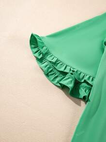 Acelitt Blusa verde con cuello redondo fruncido, manga media ancha